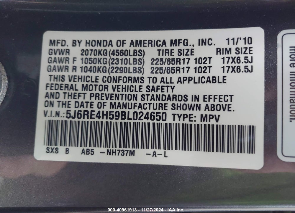 2011 HONDA CR-V EX VIN: 5J6RE4H59BL024650
