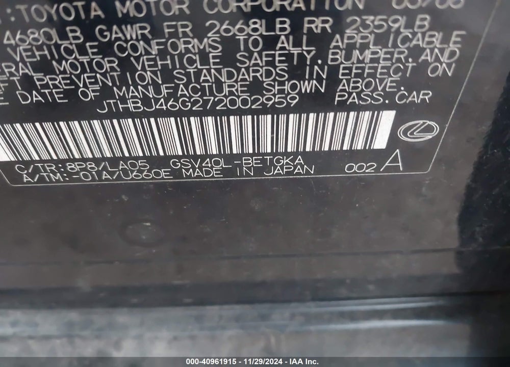2007 LEXUS ES 350 VIN: JTHBJ46G272002959