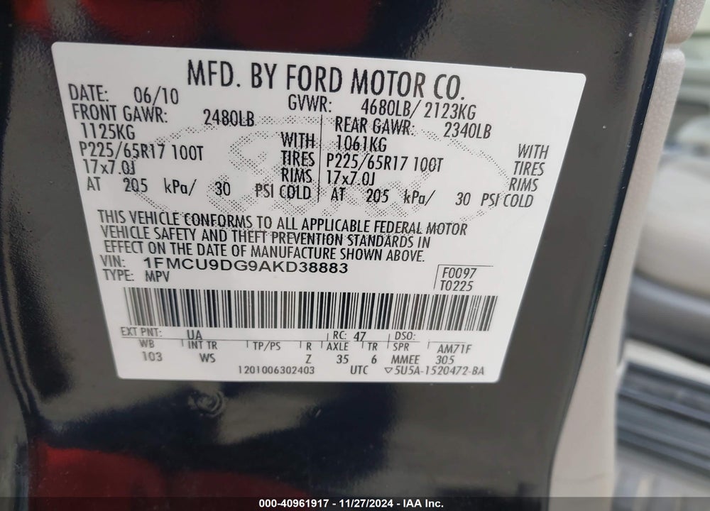 2010 FORD ESCAPE XLT VIN: 1FMCU9DG9AKD38883