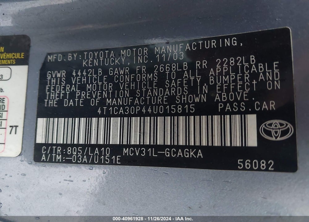 2004 TOYOTA CAMRY SOLARA SLE V6 VIN: 4T1CA30P44U015815