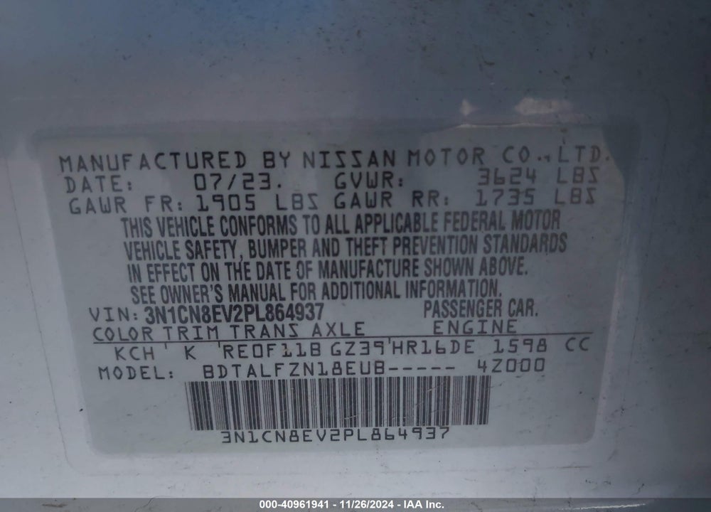 2023 NISSAN VERSA VIN: 3N1CN8EV2PL864937
