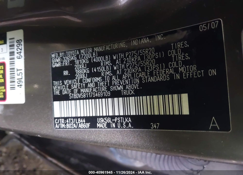 2007 TOYOTA TUNDRA LIMITED 5.7L V8 VIN: 5TBDV58117S469109