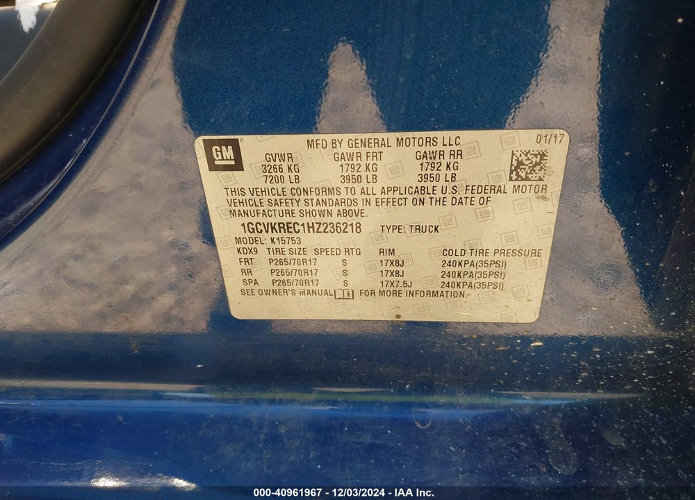 2017 CHEVROLET SILVERADO 1500 VIN: 1GCVKREC1HZ236218
