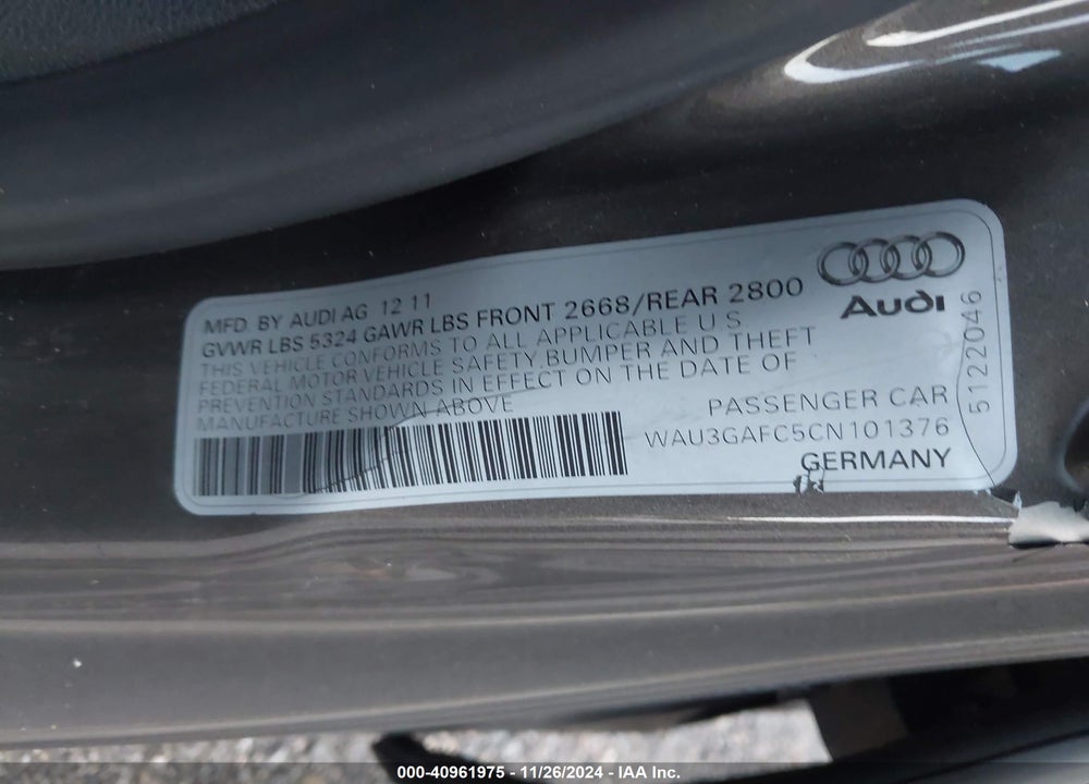 2012 AUDI A7 PREMIUM VIN: WAU3GAFC5CN101376