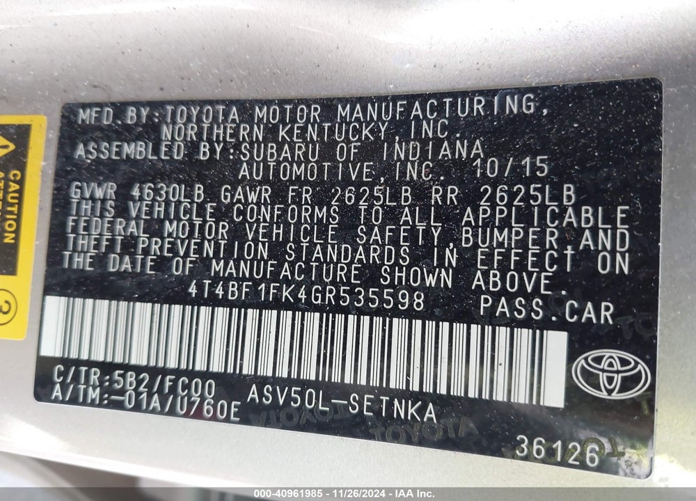 2016 TOYOTA CAMRY VIN: 4T4BF1FK4GR535598