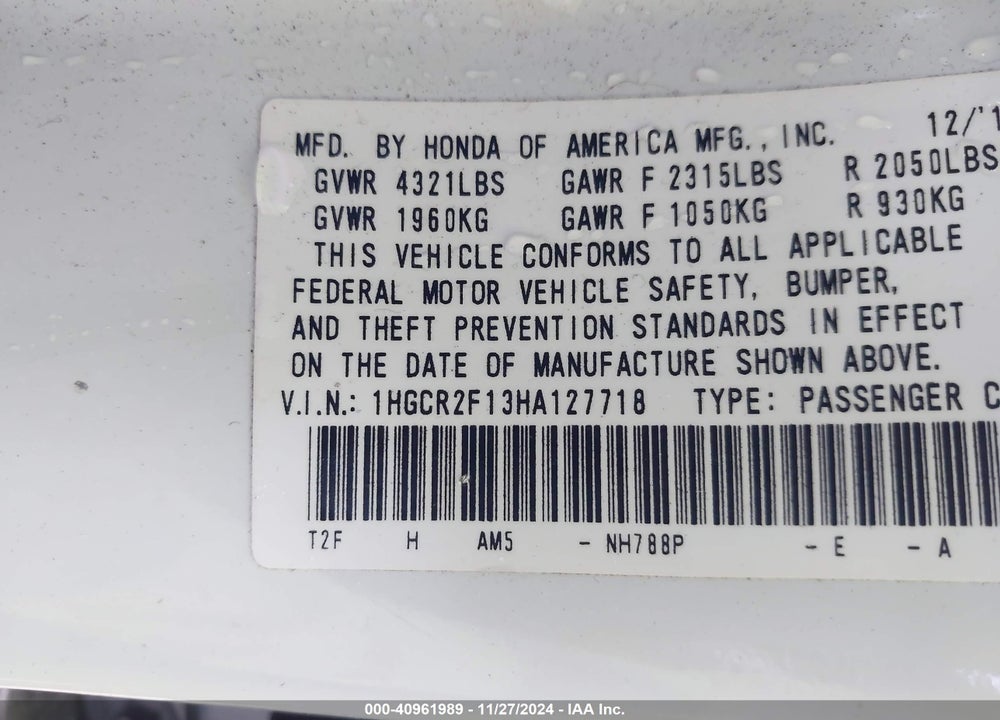 2017 HONDA ACCORD SPORT SE VIN: 1HGCR2F13HA127718