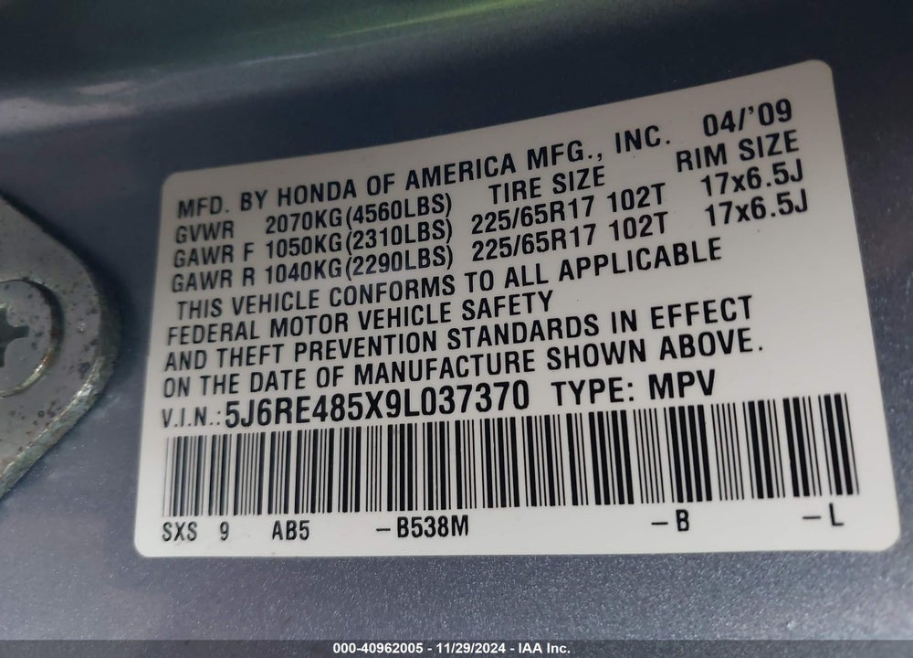 2009 HONDA CR-V EX VIN: 5J6RE485X9L037370