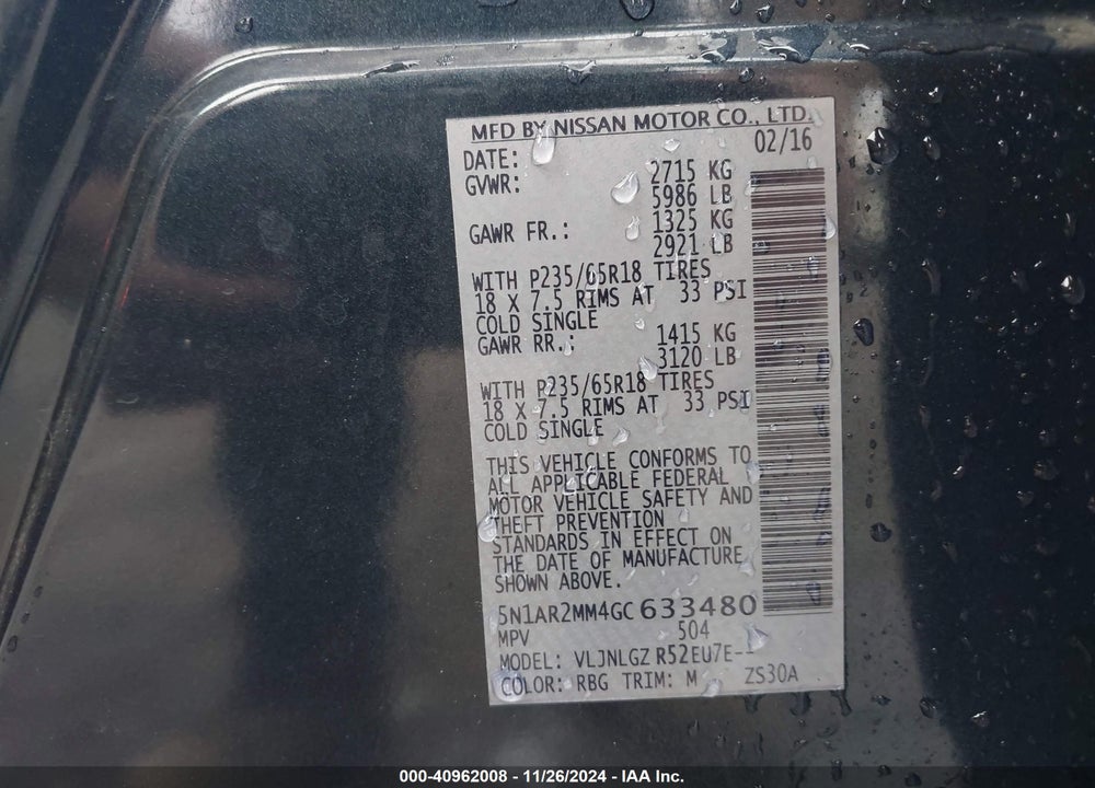2016 NISSAN PATHFINDER SL VIN: 5N1AR2MM4GC633480