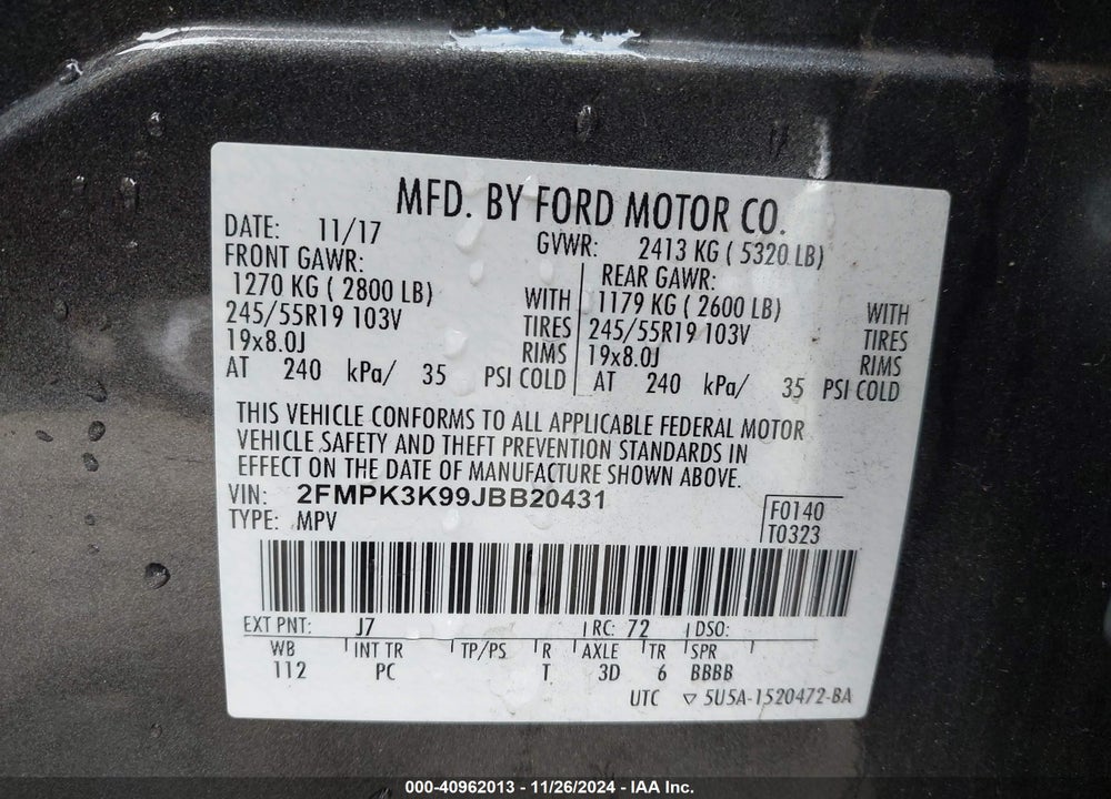 2018 FORD EDGE TITANIUM VIN: 2FMPK3K99JBB20431