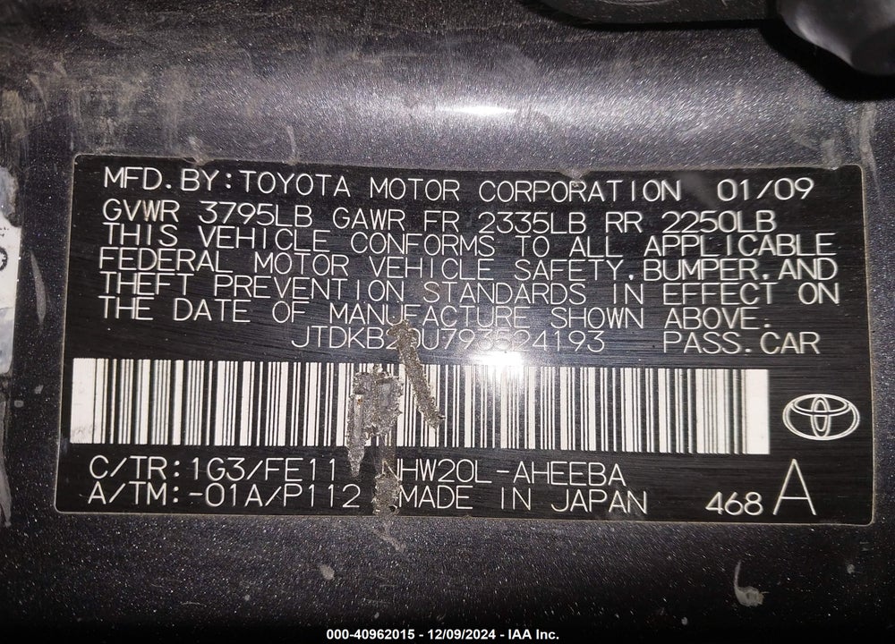 2009 TOYOTA PRIUS VIN: JTDKB20U793524193