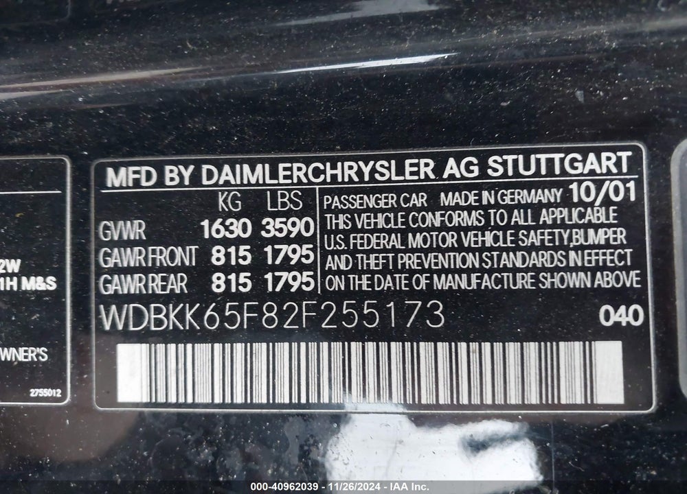 2002 MERCEDES-BENZ SLK 320 VIN: WDBKK65F82F255173