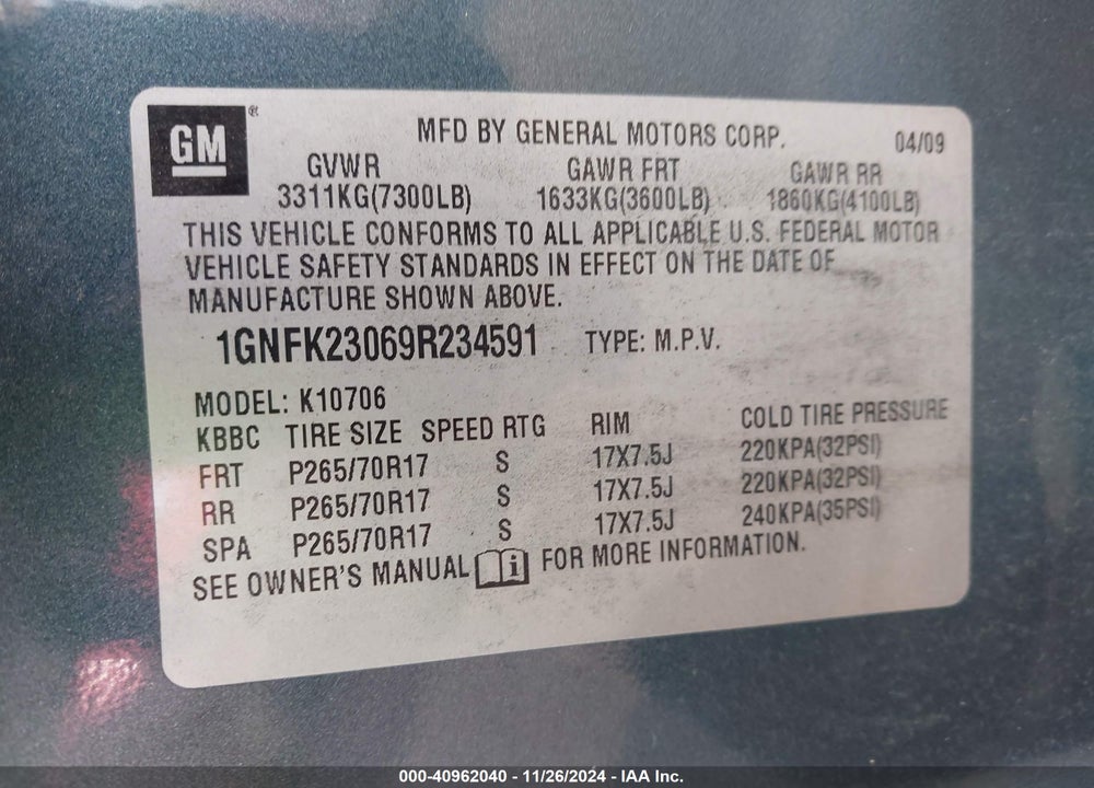 2009 CHEVROLET TAHOE LT1 VIN: 1GNFK23069R234591
