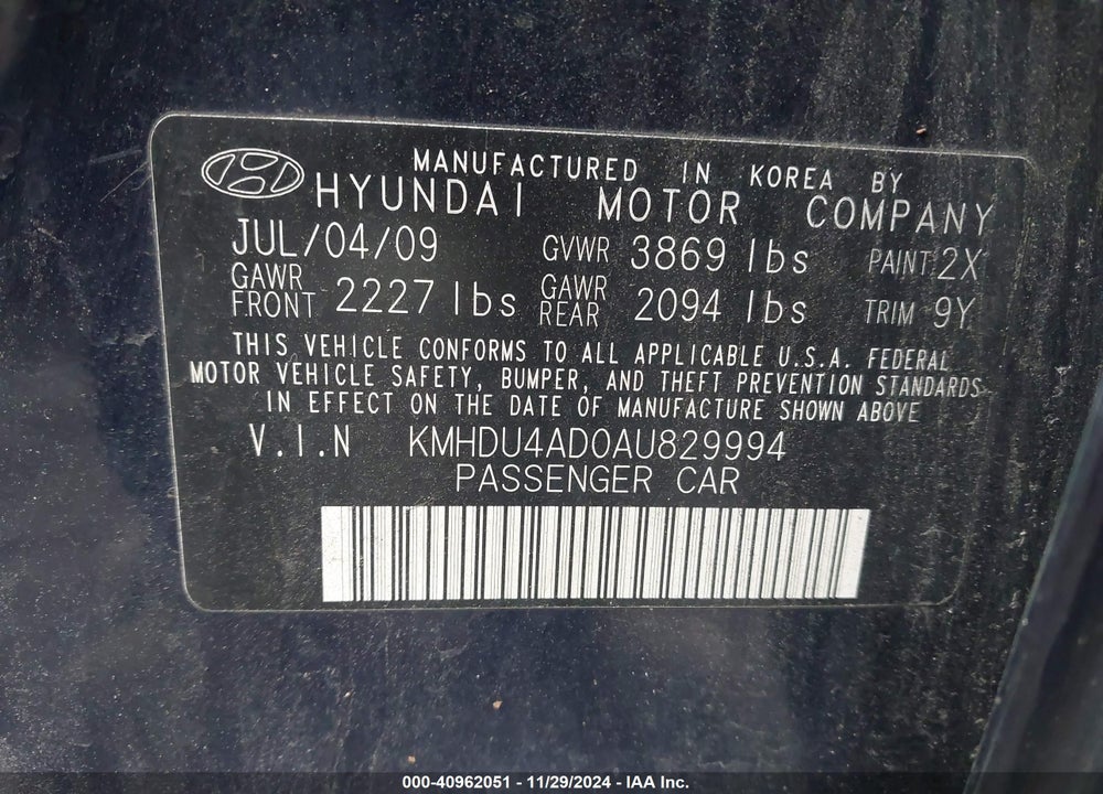 2010 HYUNDAI ELANTRA GLS VIN: KMHDU4AD0AU829994