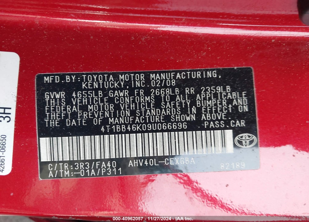 2009 TOYOTA CAMRY HYBRID VIN: 4T1BB46K09U066696