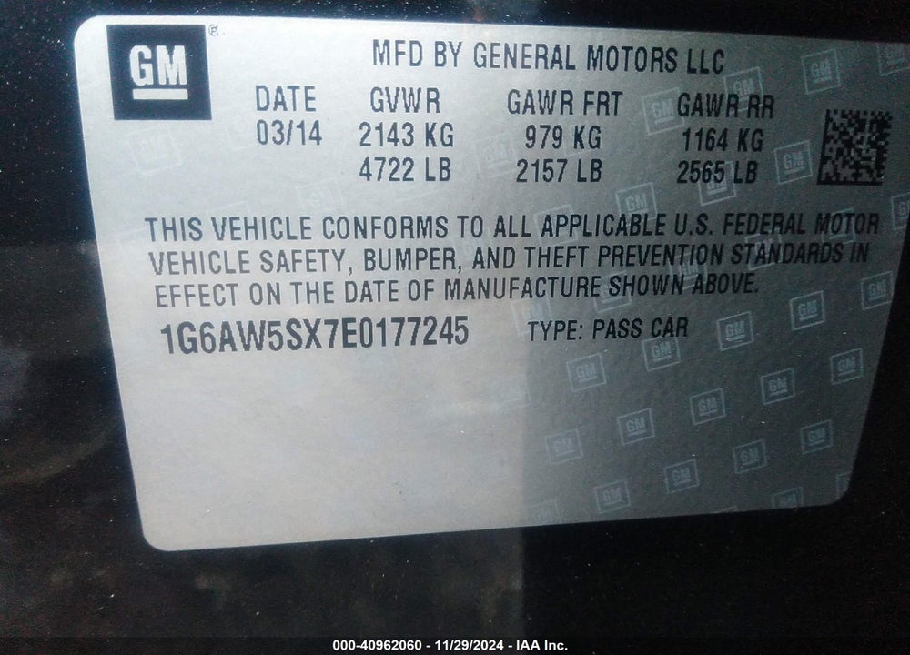2014 CADILLAC CTS STANDARD VIN: 1G6AW5SX7E0177245