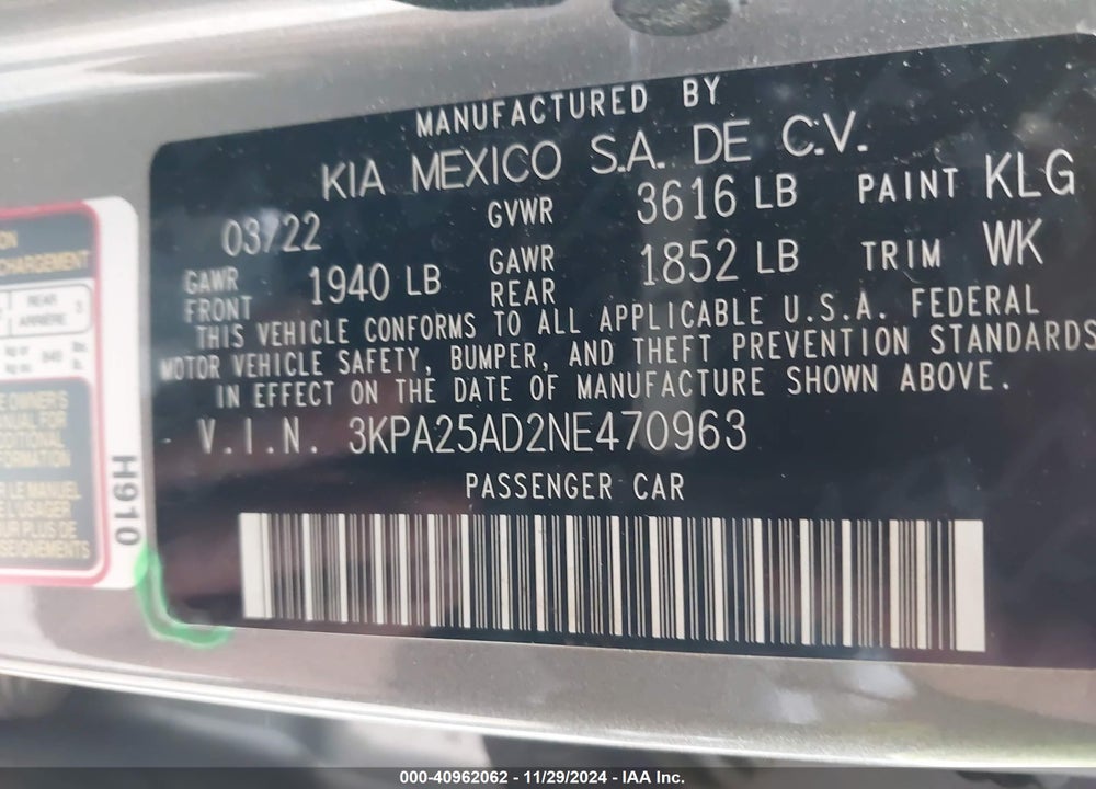 2022 KIA RIO 5-DOOR VIN: 3KPA25AD2NE470963