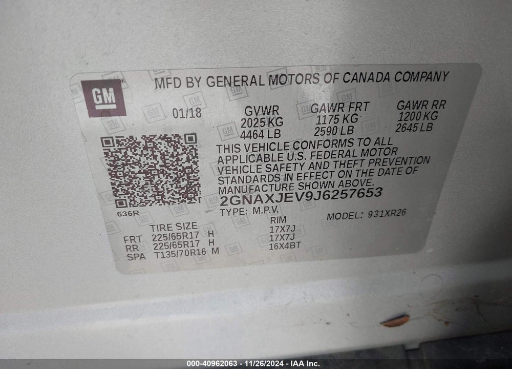 2018 CHEVROLET EQUINOX LT VIN: 2GNAXJEV9J6257653