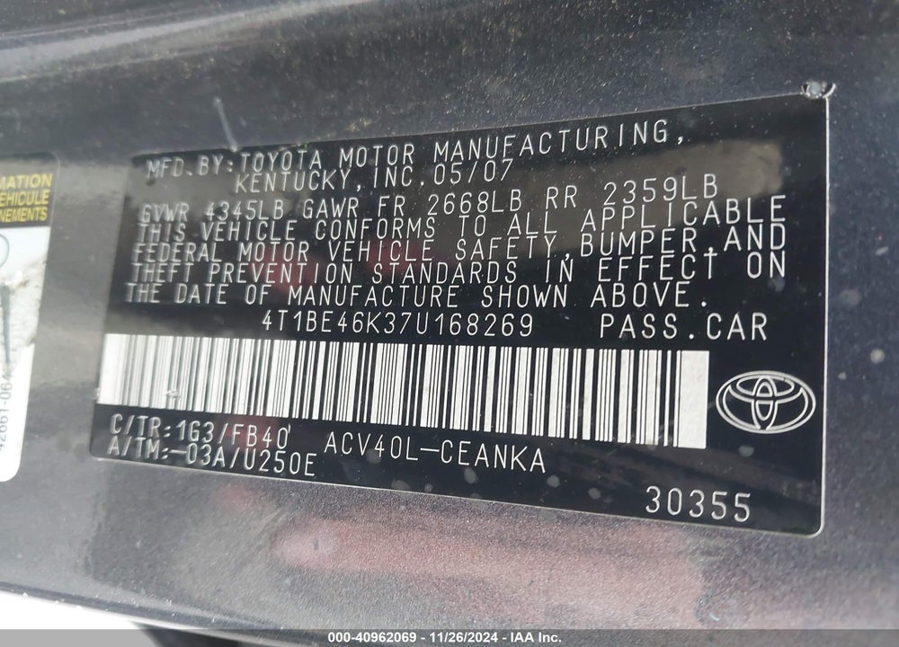 2007 TOYOTA CAMRY LE VIN: 4T1BE46K37U168269