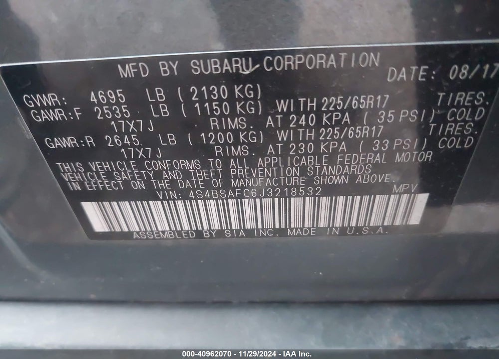 2018 SUBARU OUTBACK 2.5I PREMIUM VIN: 4S4BSAFC6J3218532
