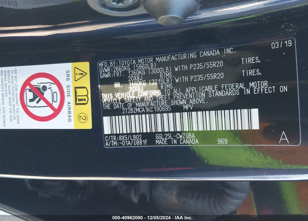 2019 LEXUS RX 350 VIN: 2T2BZMCA1KC190695