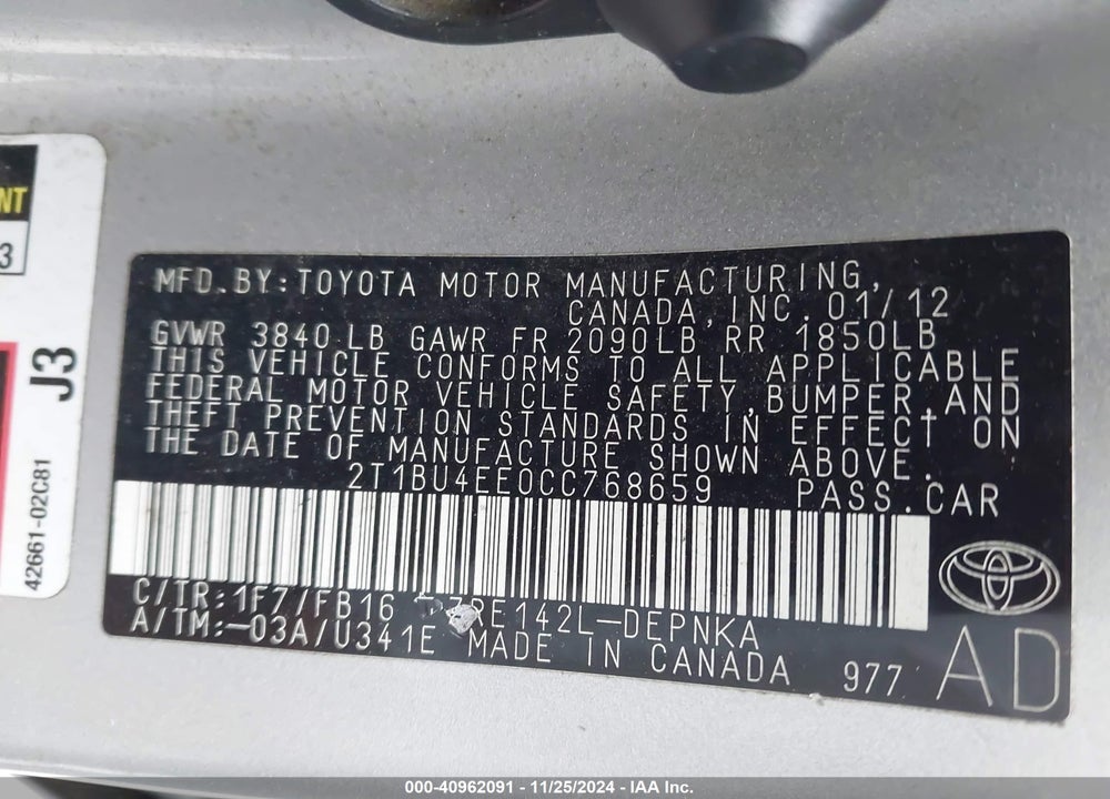 2012 TOYOTA COROLLA LE VIN: 2T1BU4EE0CC768659