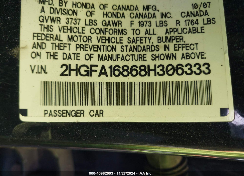 2008 HONDA CIVIC EX VIN: 2HGFA16868H306333