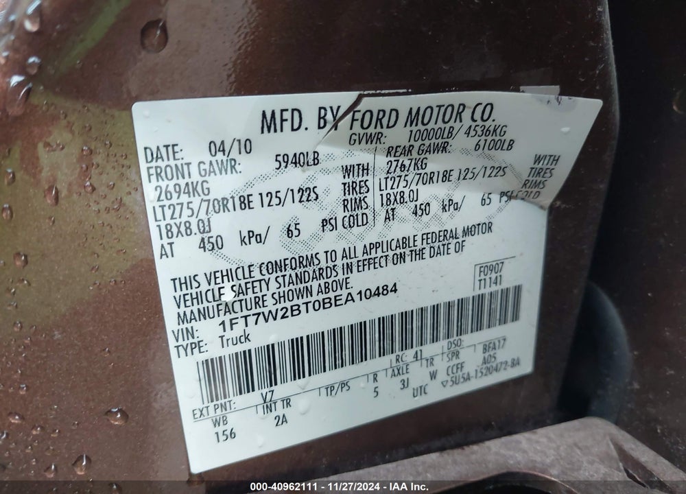2011 FORD F-250 XLT VIN: 1FT7W2BT0BEA10484