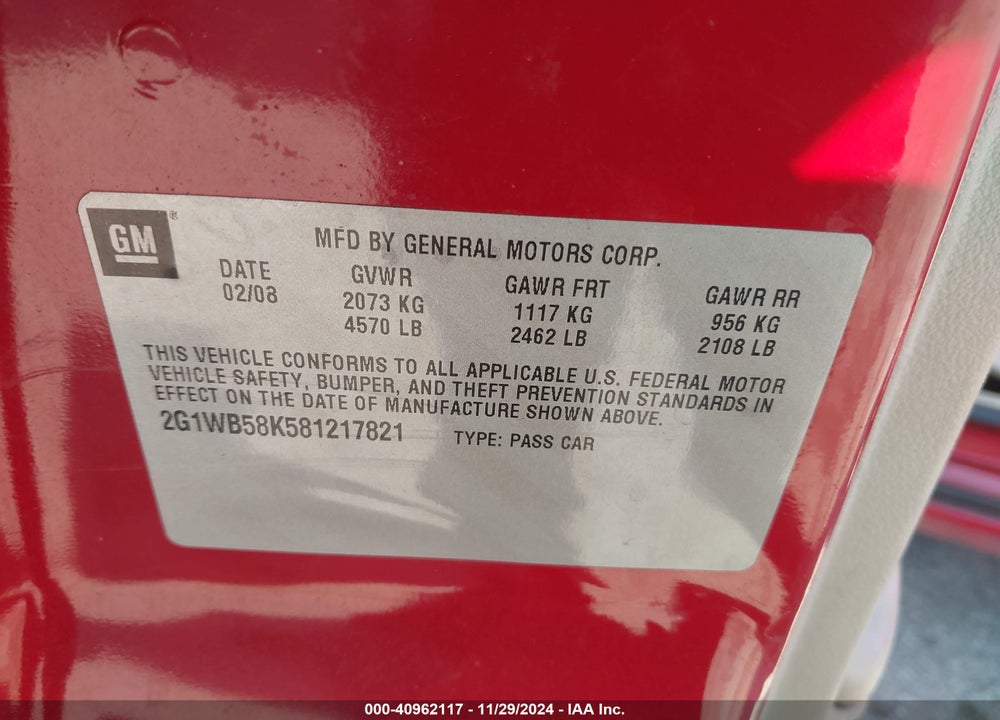 2008 CHEVROLET IMPALA LS VIN: 2G1WB58K581217821