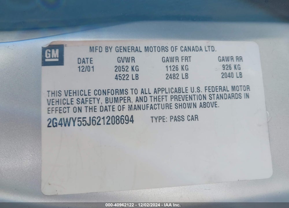 2002 BUICK CENTURY LIMITED VIN: 2G4WY55J621208694