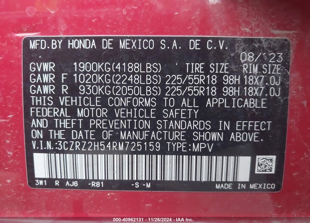 2024 HONDA HR-V AWD SPORT/AWD SPORT W/O BSI VIN: 3CZRZ2H54RM725159