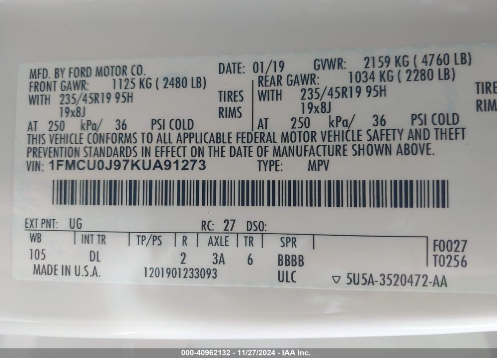 2019 FORD ESCAPE TITANIUM VIN: 1FMCU0J97KUA91273