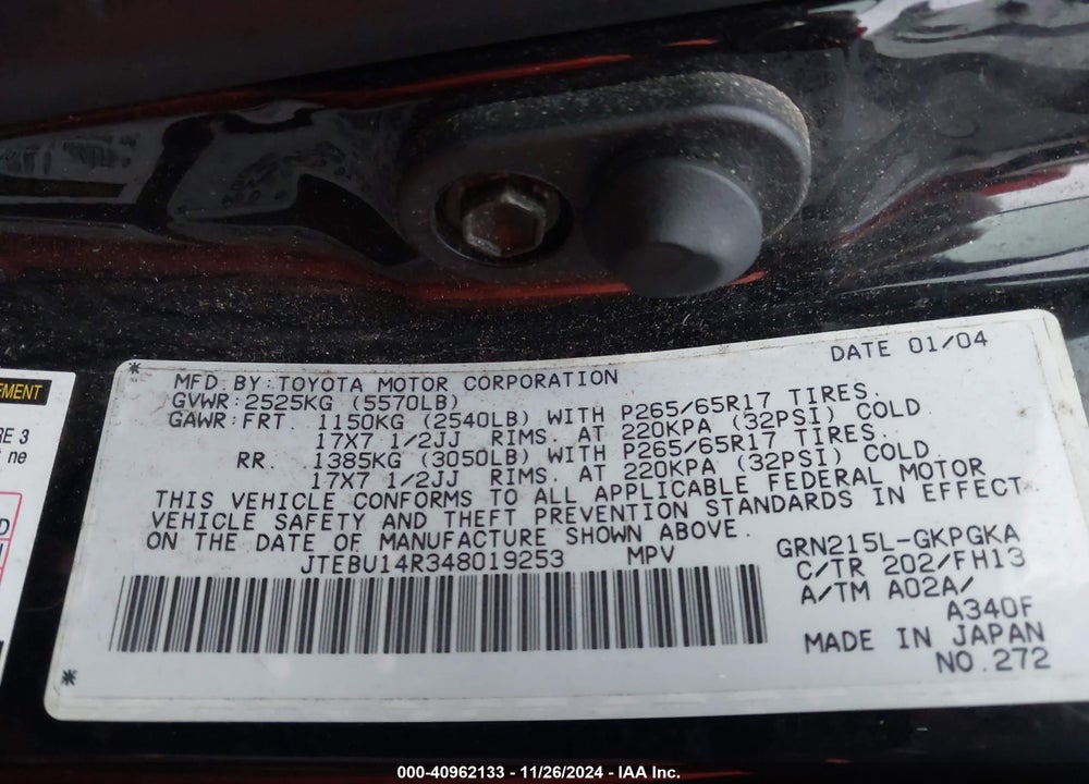2004 TOYOTA 4RUNNER SR5 SPORT V6 VIN: JTEBU14R348019253