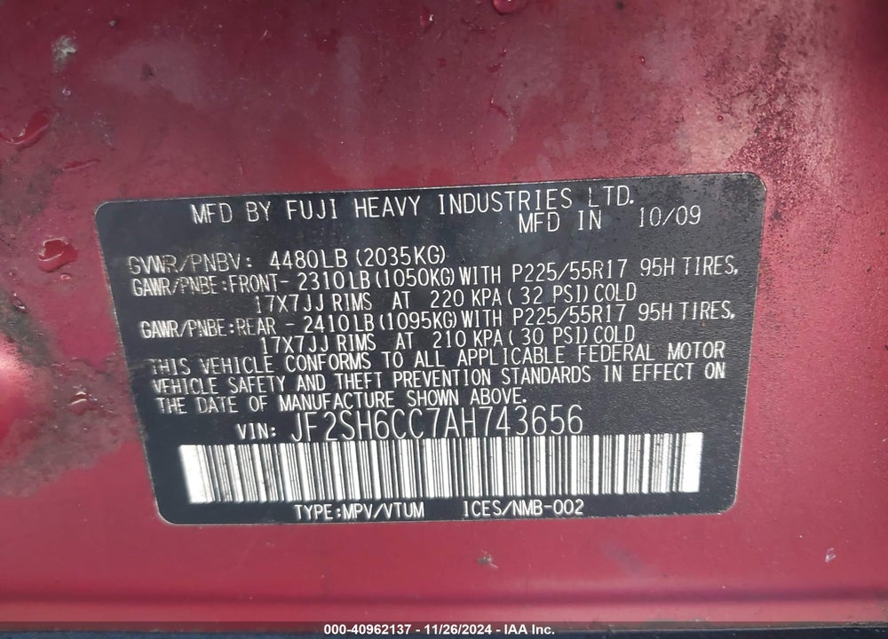 2010 SUBARU FORESTER 2.5X PREMIUM VIN: JF2SH6CC7AH743656