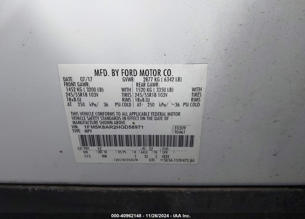 2017 FORD UTILITY POLICE INTERCEPTOR VIN: 1FM5K8AR2HGD58971