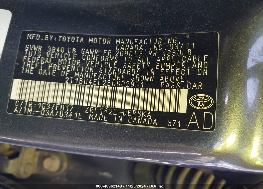 2011 TOYOTA COROLLA S VIN: 2T1BU4EE2BC602951