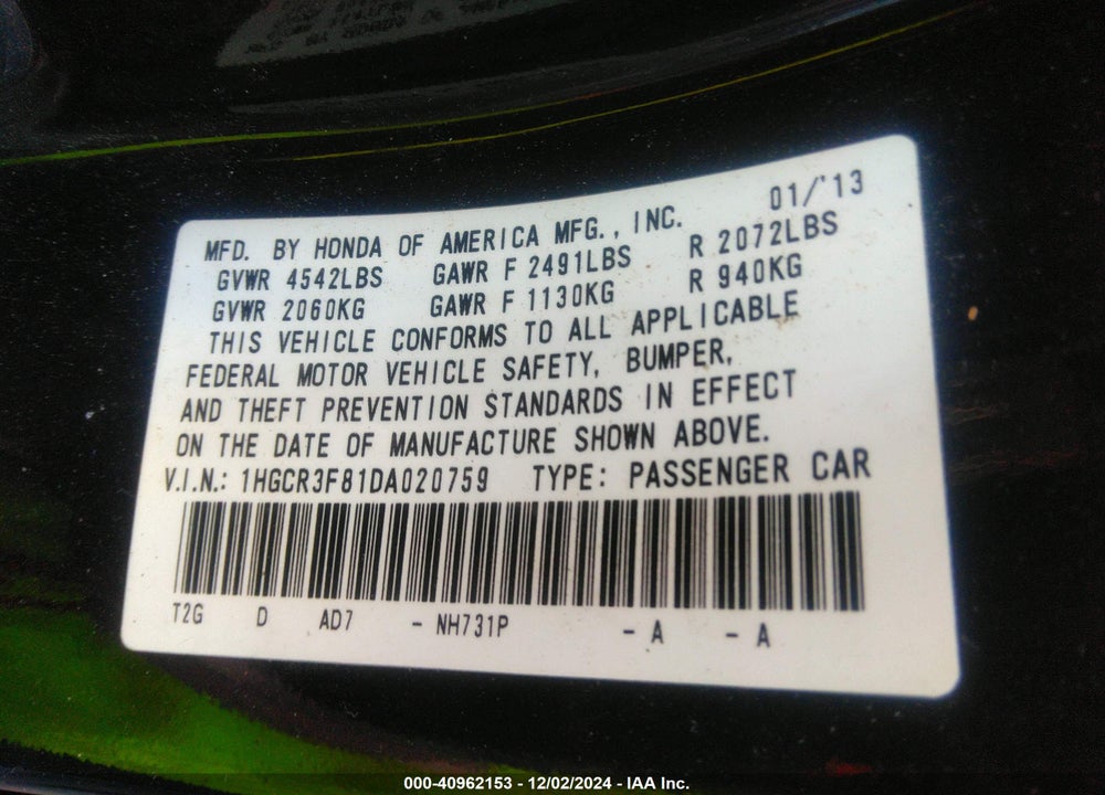 2013 HONDA ACCORD EX-L V-6 VIN: 1HGCR3F81DA020759