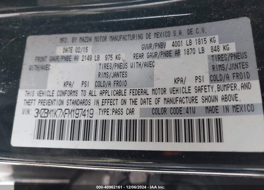 2015 MAZDA MAZDA3 VIN: 3MZBM1K7XFM197419