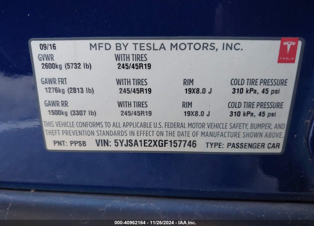 2016 TESLA MODEL S 60D/70D/75D/85D/90D VIN: 5YJSA1E2XGF157746