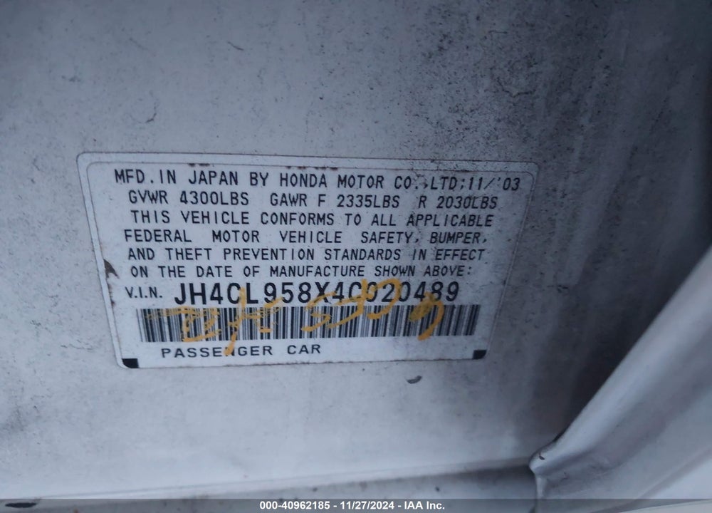 2004 ACURA TSX VIN: JH4CL958X4C020489