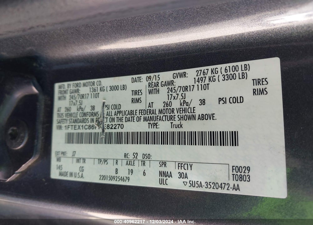 2015 FORD F-150 XL VIN: 1FTEX1C86FKE82270