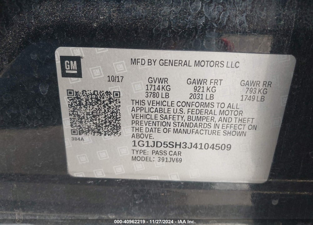 2018 CHEVROLET SONIC VIN: 1G1JD5SH3J4104509