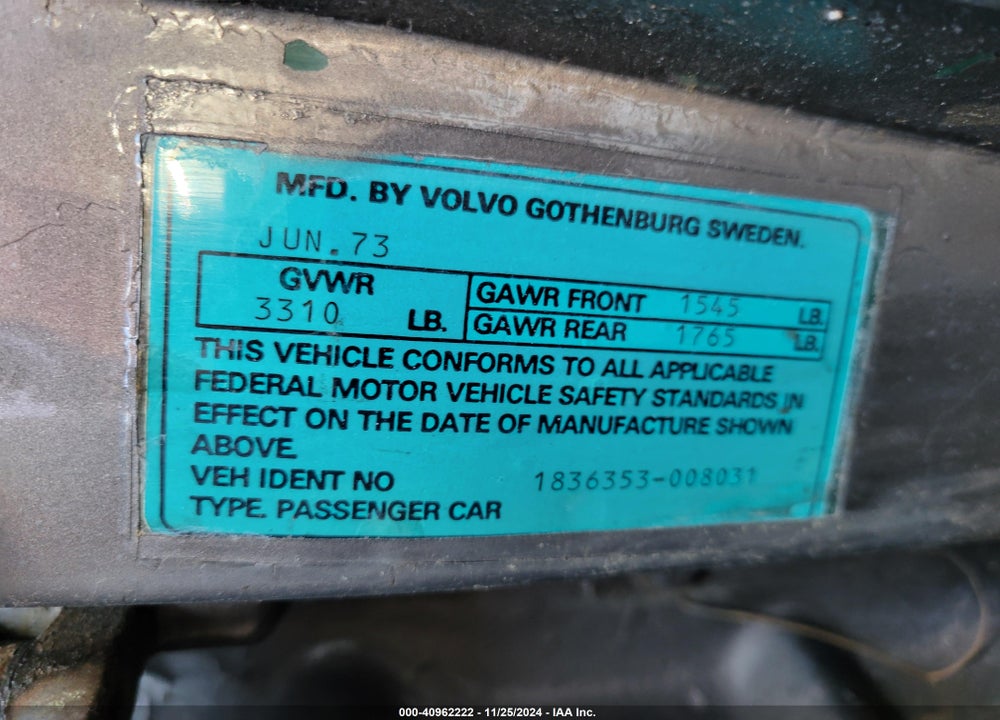1973 VOLVO P1800 VIN: 1836353008031
