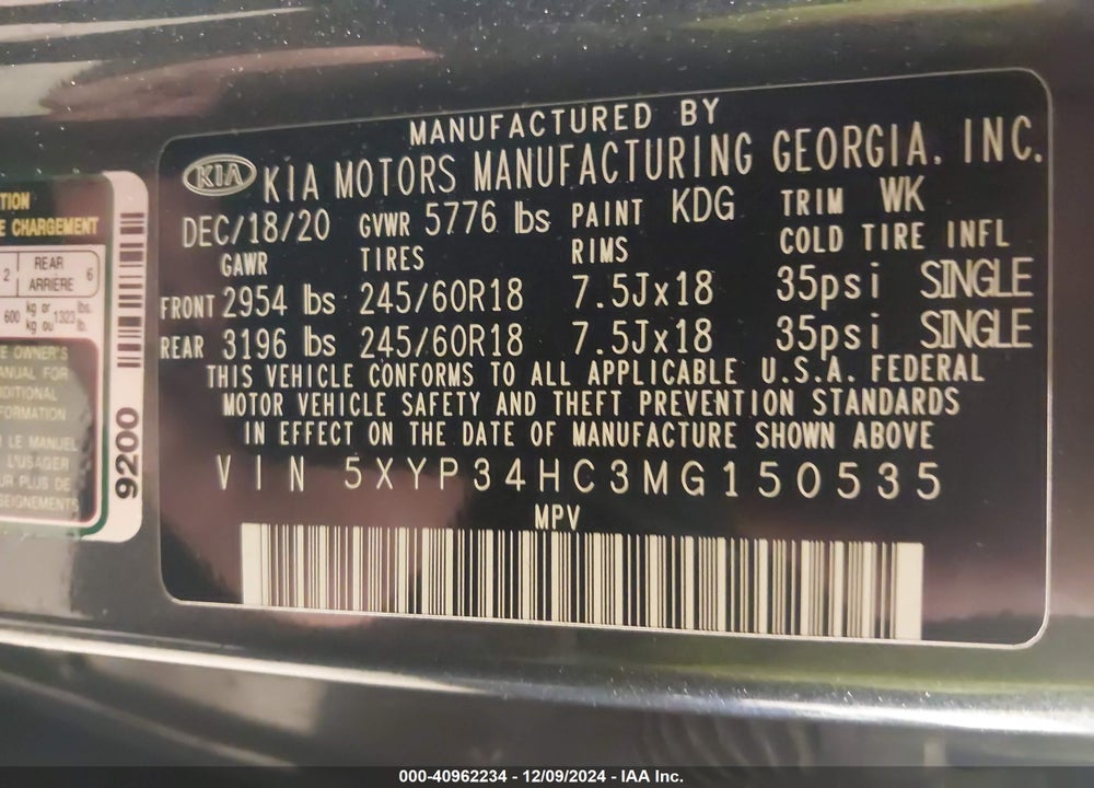 2021 KIA TELLURIDE EX VIN: 5XYP34HC3MG150535
