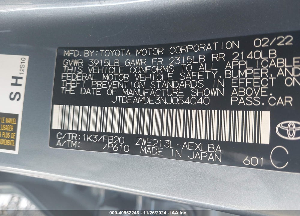 2022 TOYOTA COROLLA VIN: JTDEAMDE3NJ054040