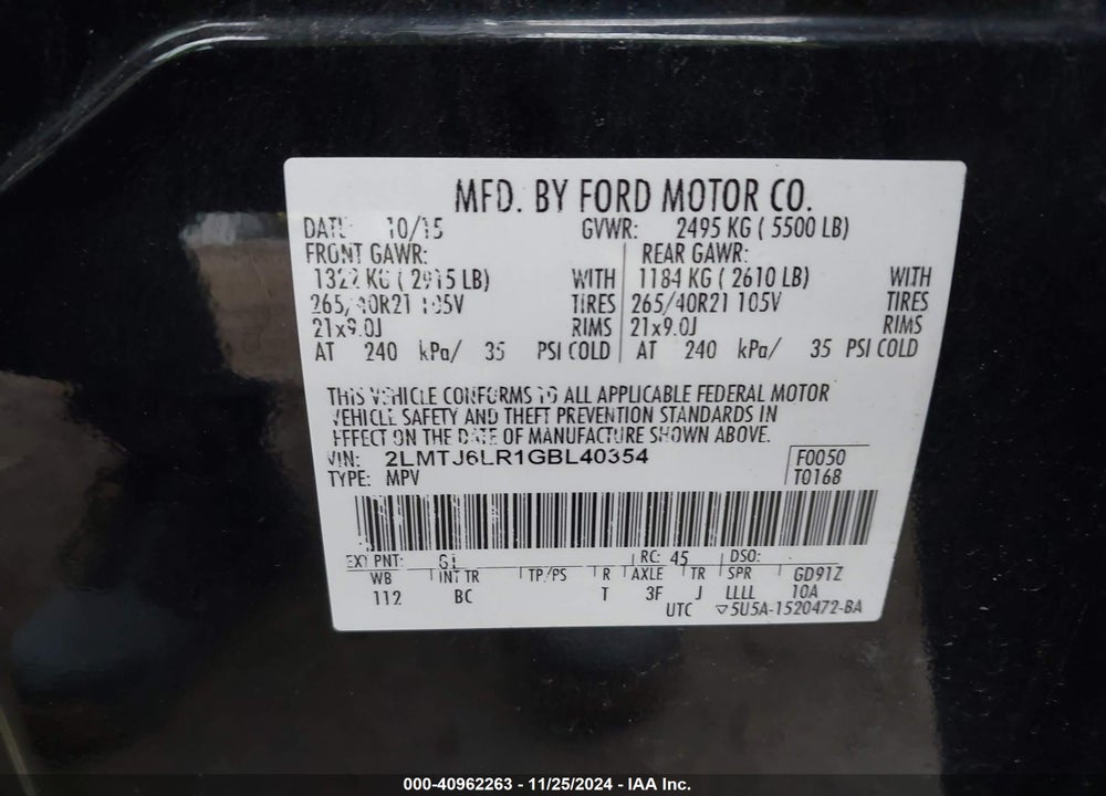 2016 LINCOLN MKX RESERVE VIN: 2LMTJ6LR1GBL40354