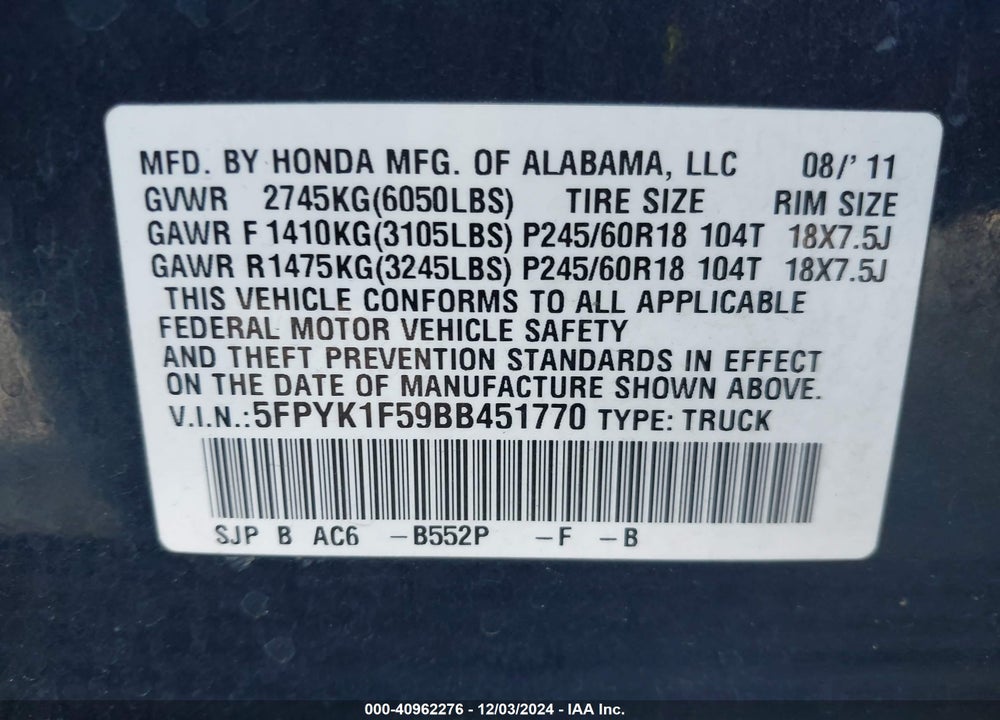 2011 HONDA RIDGELINE RTL VIN: 5FPYK1F59BB451770