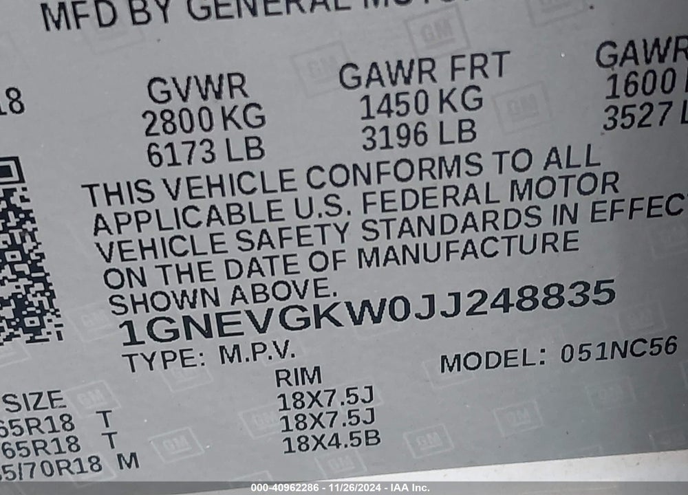 2018 CHEVROLET TRAVERSE 1LT VIN: 1GNEVGKW0JJ248835