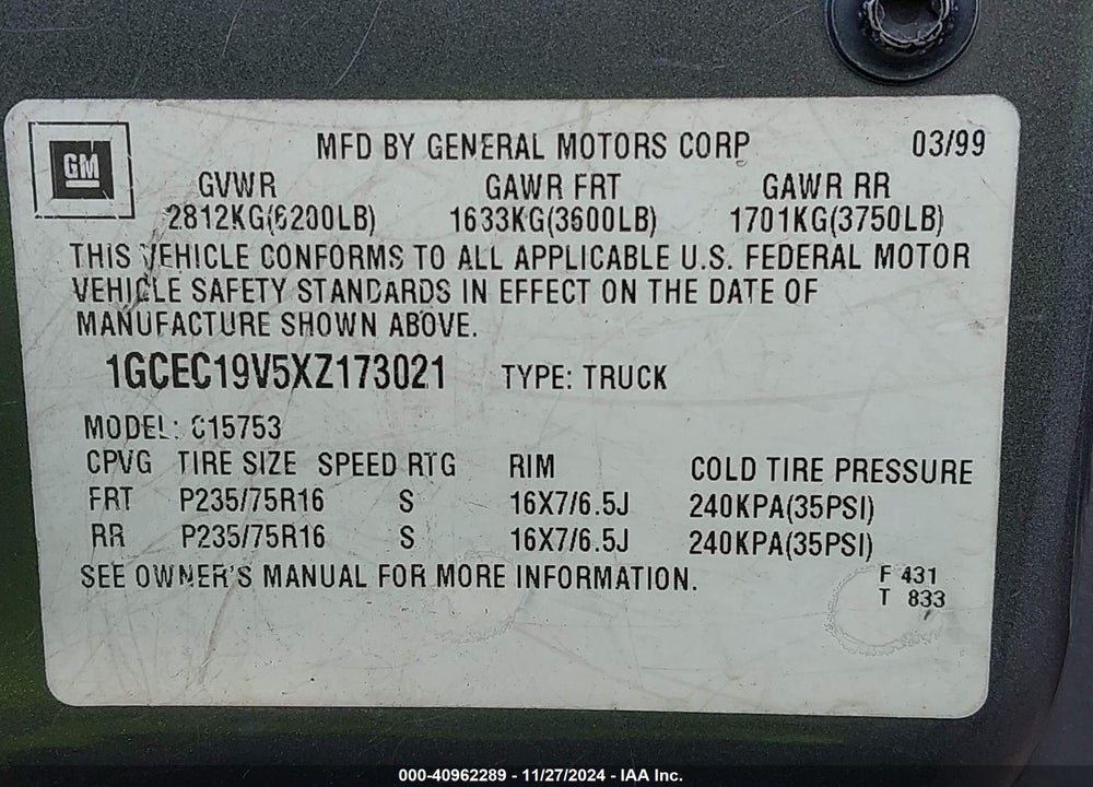 1999 CHEVROLET SILVERADO 1500 LS VIN: 1GCEC19V5XZ173021