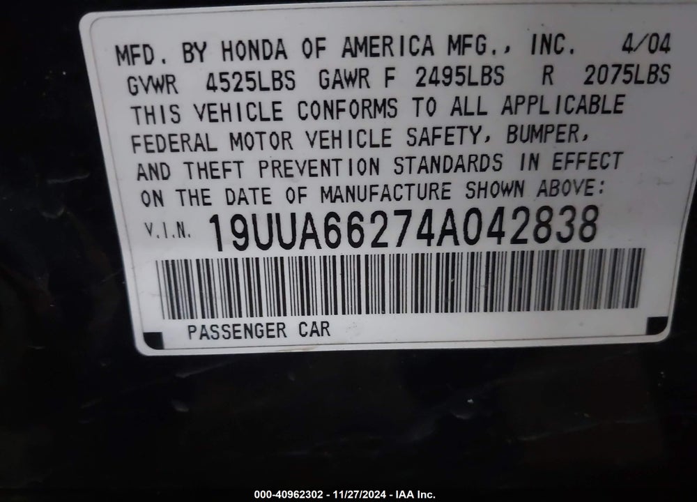 2004 ACURA TL VIN: 19UUA66274A042838