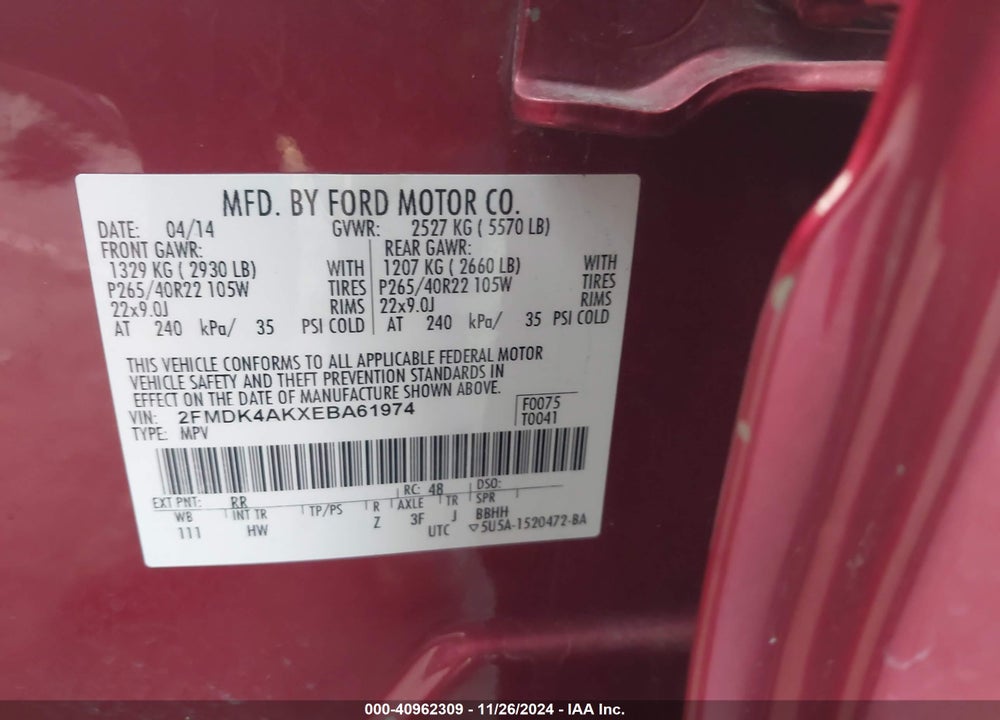 2014 FORD EDGE SPORT VIN: 2FMDK4AKXEBA61974